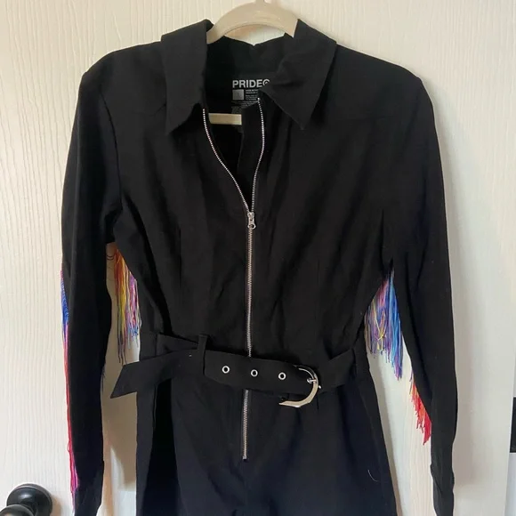 PRIDE Black Shorts Jumpsuit Romper Zip Front w Colorful Fringe Size S  NWT - Picture 2 of 13